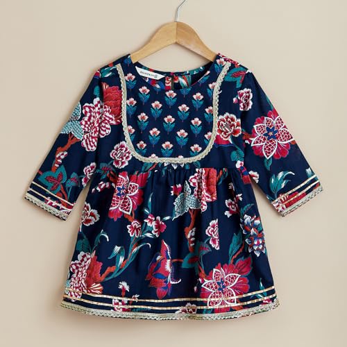 Hoscotch Girls Floral Navy 3/4th Sleeves 2 Piece Tulip Trail Cotton Kurti & Sharara For Ages (5-6 Years)