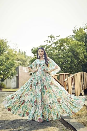 Samprag Rayon Gown for Women | Full Length | Printed | Fit & Flare | Flared & Bell Sleeves | Round Neck | Ethenic Dress | Ideal for Casual, Wedding & Party Occassions | Off-White & Pink | XL