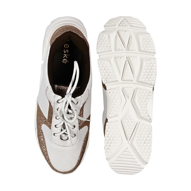 eske Maya Vegan Leather Chunky Sneakers | Silver-White Lace-Up Casual Shoes for Women | Textured Metallic Finish | Leather Insole | Lightweight EVA Sole | Stylish Footwear for Everyday Wear (Gold White, UK Footwear Size System, Adult, Women, Numeric, Medi