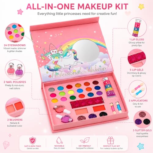 PLUSPOINT Unicorn Kids Makeup Kit for Girls | Pretend Play Beauty Set | Non-Toxic Washable Makeup Toy | Eyeshadow, Blush, Lip Gloss & Accessories | Birthday Gift for Girls Age 5+ Years