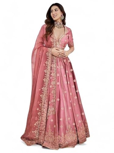 Zeel Clothing Women's Art Silk Semi-Stitched Sequins Dori Embroidered Lehenga Choli with Dupatta (7091-Pink--Lehenga-Choli-Latest; Free Size) (Pink)