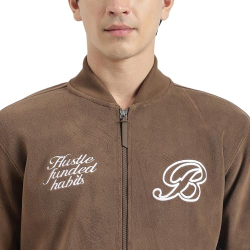 United Colors of Benetton Regular Fit Band Collar Textured Vibe Check Varsity Polar Jacket (Size: L) - 25A2VLRJ3677I901