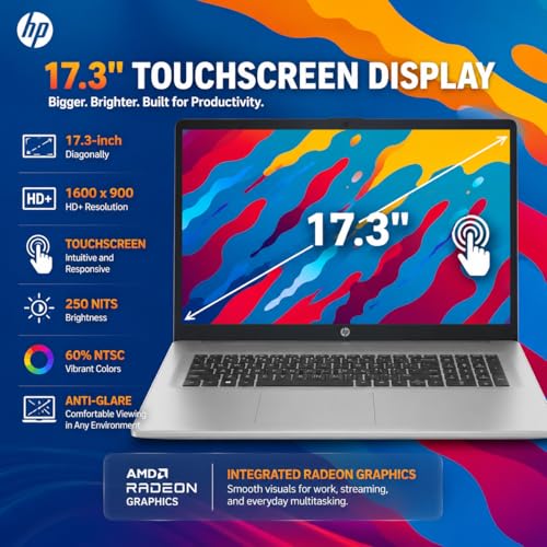 HP 17 Touchscreen Laptop, AMD Ryzen 5 7430U, (Beats i7 1355U), 64 GB RAM 2 TB SSD, 17.3 inch HD+ Anti Glare Display, Radeon Graphics, Wi-Fi 6, Bluetooth 5.4, Windows 11 Pro, Office Lifetime License