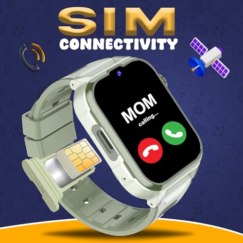 PunnkFunnk Safeguard 5G/4G Kids Smart Watch with SIM Calling, GPS Tracker, Video Call, SOS Alerts, Face Unlock, Games, IP67, 800mAh Battery, Voice Chat, Maps(Olive Green)