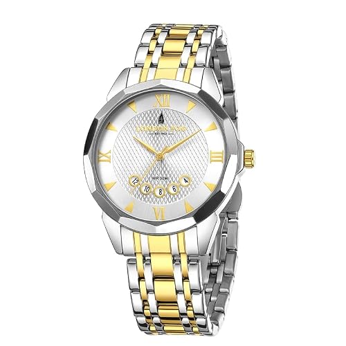 London Fog Paddington Collection Analog Quartz Watch for Men with Geometric-Textured Round Dial, Date Display, Roman Numeral & Triangular Hour Markers and Two-Tone Stainless Steel Strap - LFM10028-55