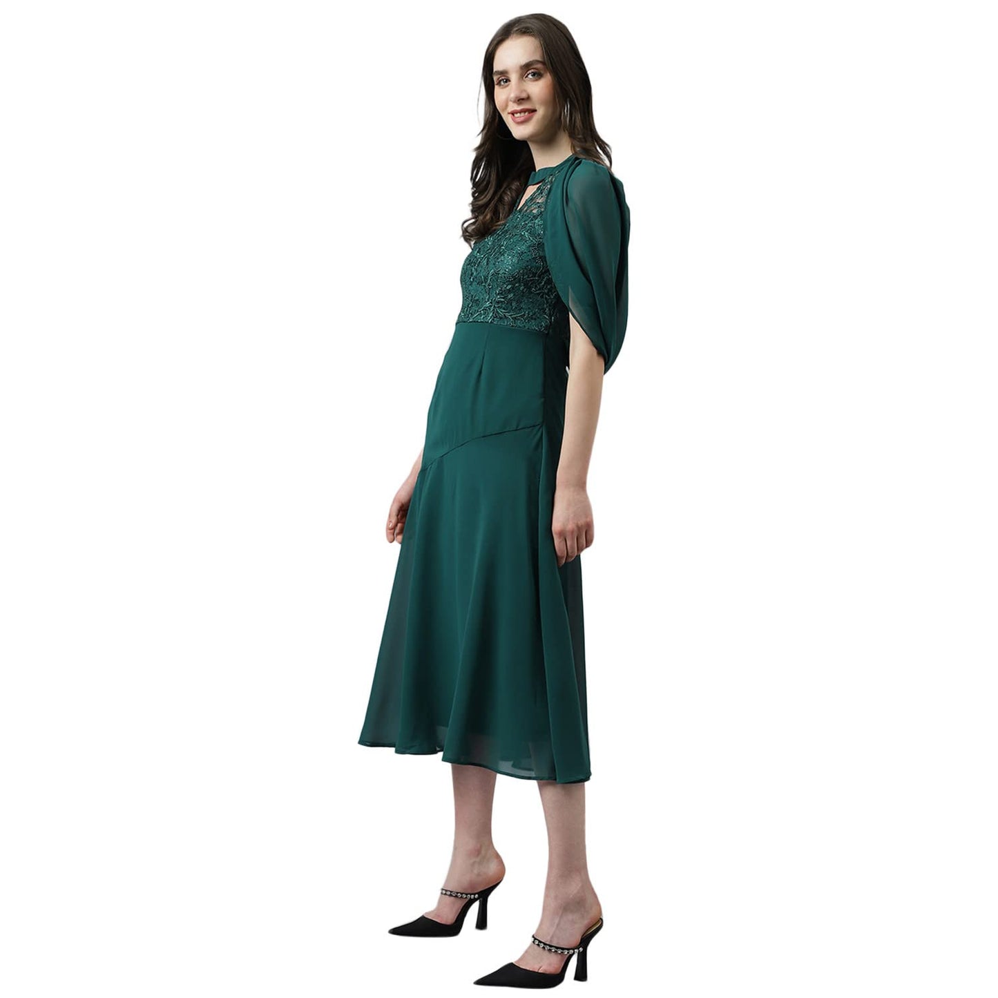 Latin Quarters Women's Green Fit & Flare Lace Midi Dress_XL