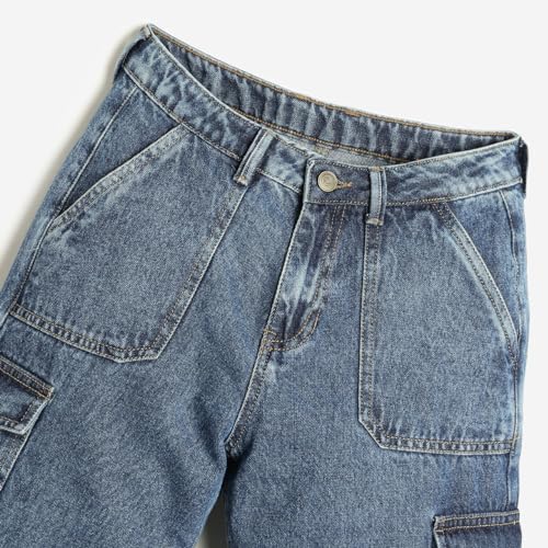 LILPICKS Girls Regular Fit Cargo Denim Jeans Medium Blue