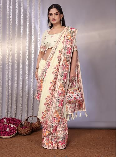 SWORNOF Women's Patola Silk Saree With Unstitched Boluse Piece (WHITE-2)
