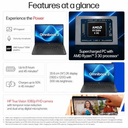 HP OmniBook 3 14 inch Laptop PC, FHD Display, 300 NIts, AMD Ryzen 3 30, 8 GB DDDR5 RAM, 512 GB Gen4 NVMe SSD, AMD Radeon 610M Graphics, Win11, M365* Office24, Iron Gray, 14-hy0030AU