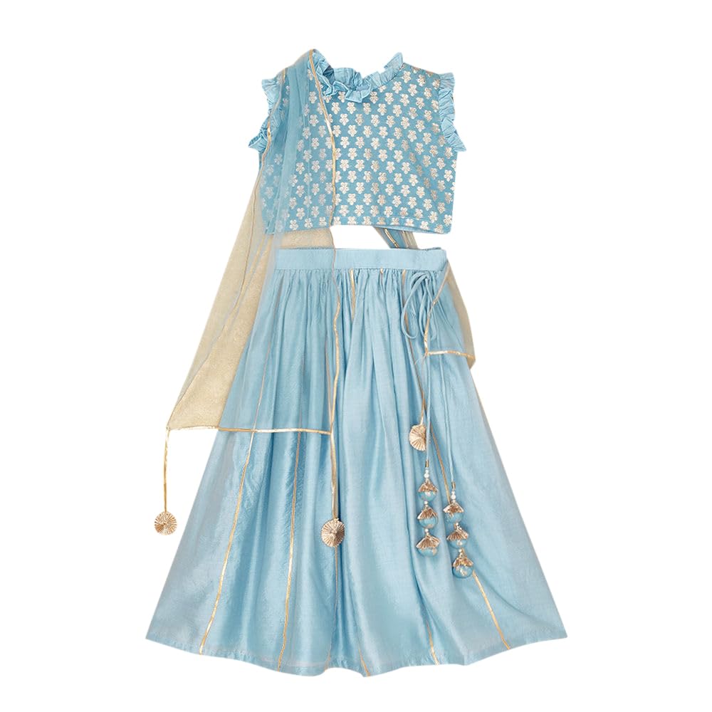 Hopscotch Girls Cotton Floral Print Readymade Lehenga Choli Ethnic Set With Dupatta In Blue Color For Ages 5-6 Years (Frh-4545684)