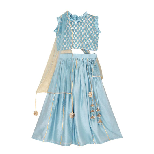 Hopscotch Girls Cotton Floral Print Readymade Lehenga Choli Ethnic Set With Dupatta In Blue Color For Ages 5-6 Years (Frh-4545684)