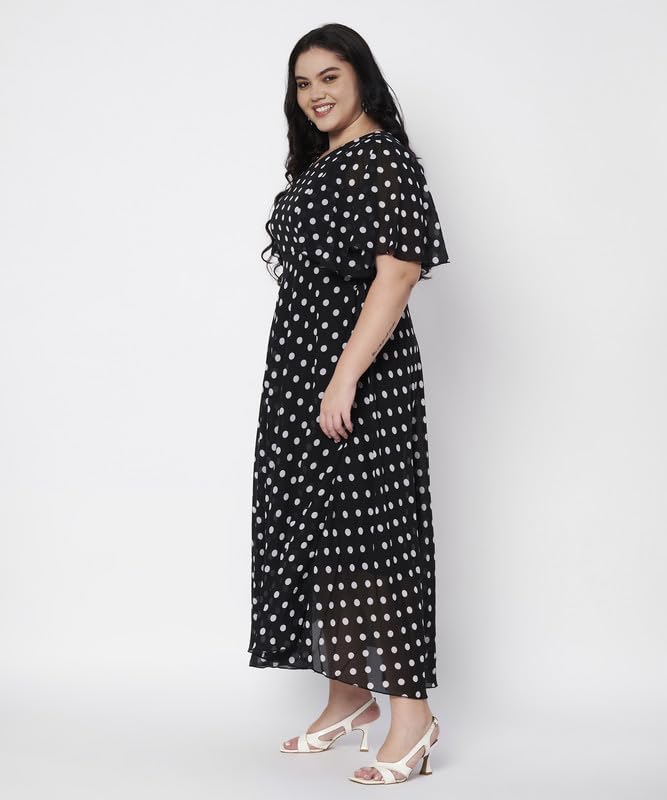 HELLO DESIGN Women Plus Size Fit and Flare V-Neck Polka Dot Maxi Dress (White_3X-Large)