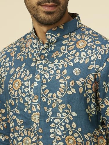 Manyavar Men's Teal Blue Bel Buti Patterned Kurta (M)