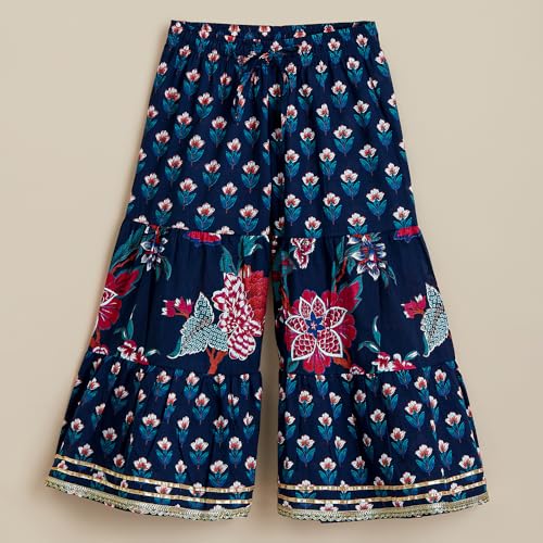 Hoscotch Girls Floral Navy 3/4th Sleeves 2 Piece Tulip Trail Cotton Kurti & Sharara For Ages (5-6 Years)