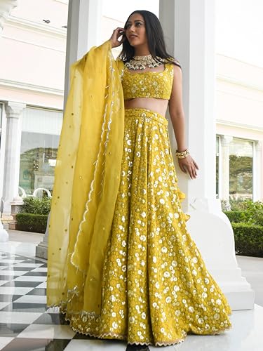 Zeel Clothing Women's Georgette Semi-Stitched Sequins Thread Embroidered Lehenga Choli With Dupatta (7084-Mehndi--Lehenga-Choli-Latest,Free size)