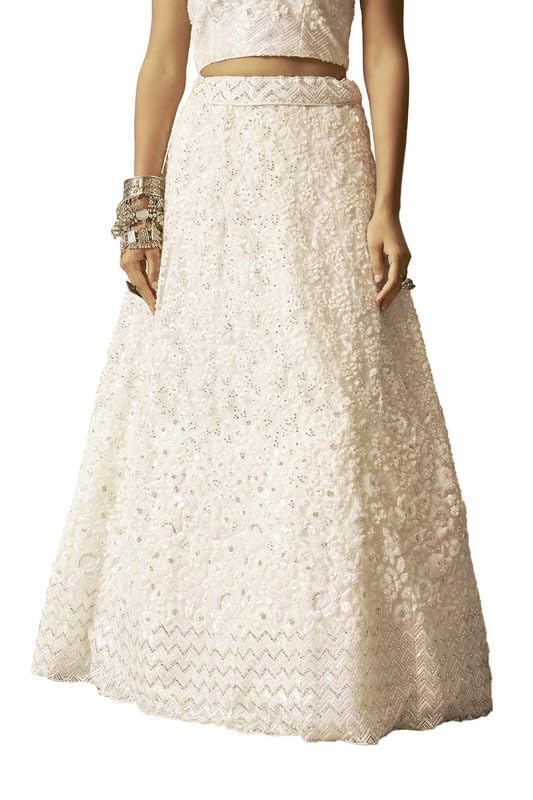 Soch Womens Cream Net Floral Embroidered Sequin Embellished Unstitched Lehenga Set