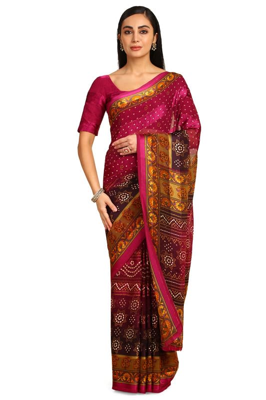 Soch Womens Magenta Chiffon Bandhani Print Saree