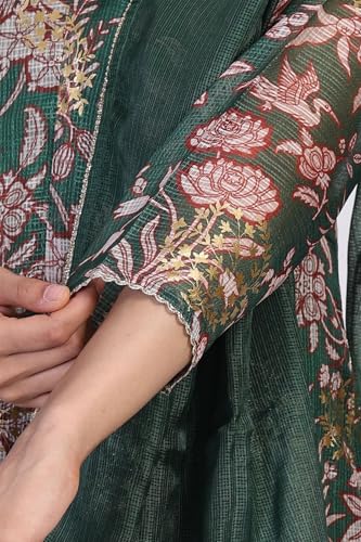 W for Woman Floral Printed Metallic Embroidered Flared Kota Doria Kurta with Pant and Dupatta Set - Green (WS13278-126619-3XL)