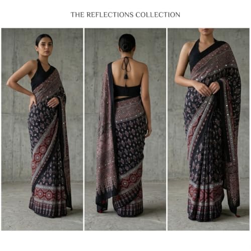 CREVEXA Gajji Silk Saree for Women with Mirror Work Border, Ajrakh Inspired Printed Designer Saree with Red Tassel Pallu and Unstitched Blouse Piece for Party Festive Wedding Ethnic Saree