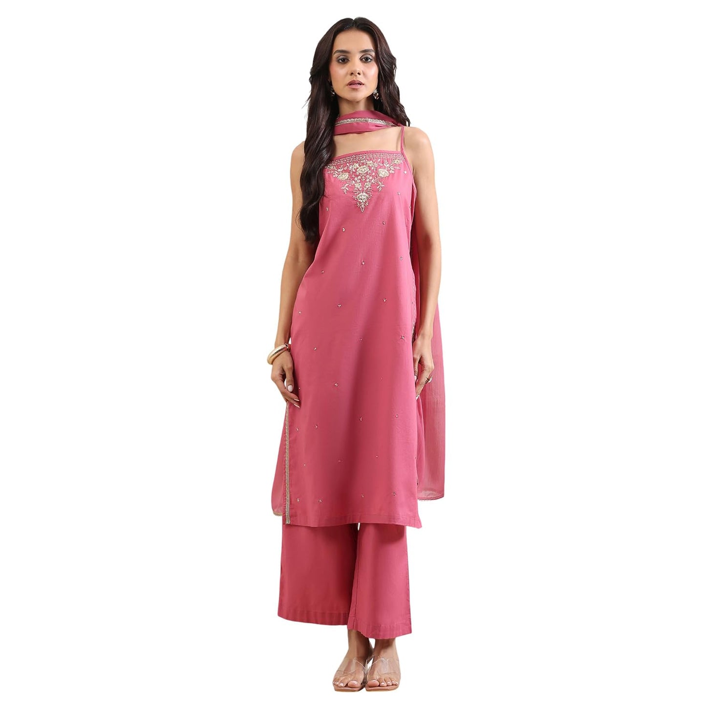 Biba Women Pink Cotton Straight Suit Set_30