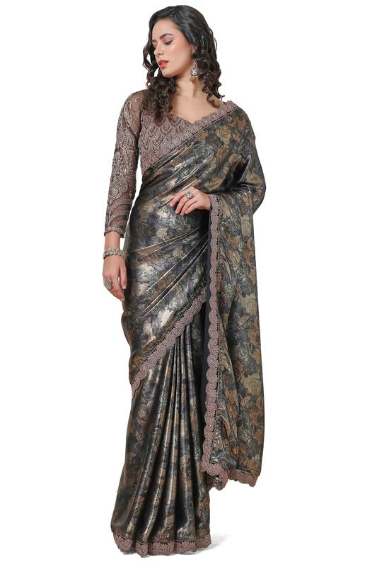 Soch Womens Grey Floral Georgette Saree with Zardosi Border