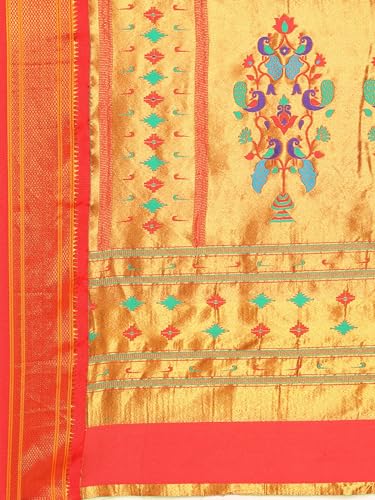 Varkala Silk Sarees Muniya Paithani Saree, Silk Blend Traditional Maharashtrian Saree with Copper Zari Border, Peacock Pallu 5.5 Meter and Unstitched Blouse, Beige & Red