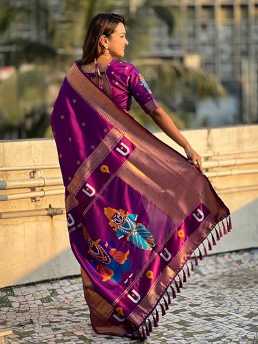 Panzora Women's Purple Paithani Silk Saree With Unstitched Blouse Piece