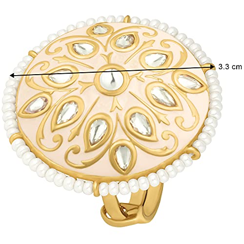 Peora Traditional Gold Plated Meena Work Kundan Pearl Adjustable Ring for Women Girls (Cream)