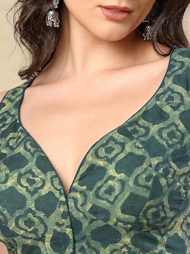 S SALWAR STUDIO Green Ajrak Sweetheart Neck Sleeveless Readymade Saree Blouse