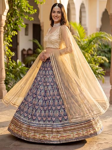 Zeel Clothing Women's Digital Print With Gota Patti Art Silk Lehenga Choli With Dupatta (5053-Blue-Women-Lehenga-Choli-Set; Free Size)