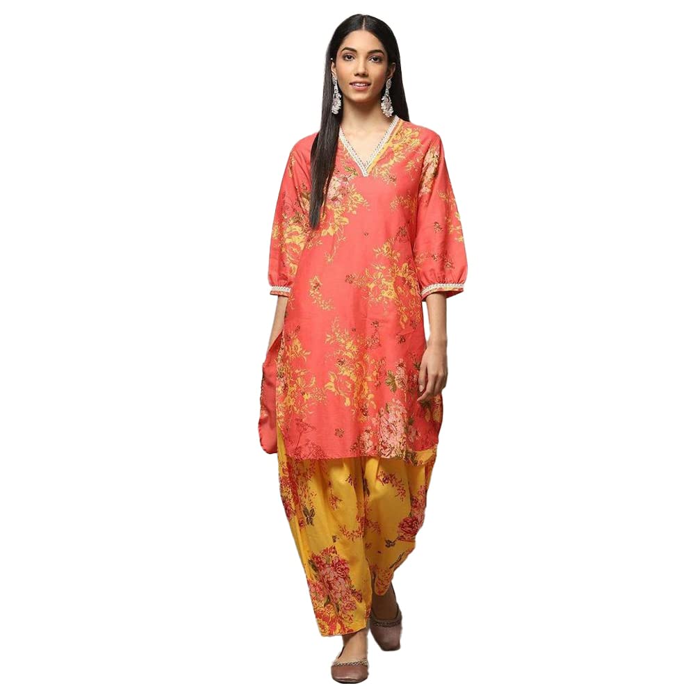 BIBA Cotton Women's Printed Relaxed Salwar Kurta Dupatta(Skdlounge I8546_Coral_34)