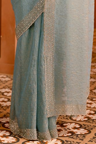 Soch Womens Powder Blue Georgette Floral Print Saree With Stone Work