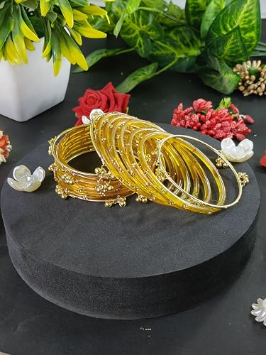 NMII Viral Multi Colour Glass Bangles with Golden Ghungroo Charms & Stone Work For Women & Girls | Trendy Kashmiri Bangles | Kangan Set For Women | Kanch Ki Chudiya - Set of 16 (NAB50_Golden-2.4)