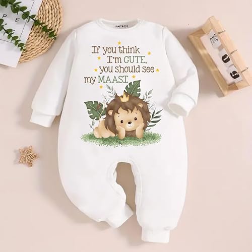 KNITROOT Maasi Theme, If You Think I'm Cute You Should See My Maasi Text Printed, Full Sleeves, Shoulder-Snap-Buttons, Cotton Jumpsuit, Rompers for New Born Baby, 0-3 Months, White, Infant Clothes