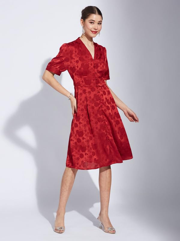 Latin Quarters Women Maroon V-Neck Half Sleeve Printed A-Line Dress_XL