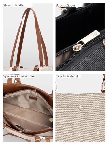 ITTI Sienna Tote Bag for Women | Grey Textured Lightweight Shoulder Bag with Black Handles | Spacious 3-Compartment Everyday & Work Tote (BEIGE)