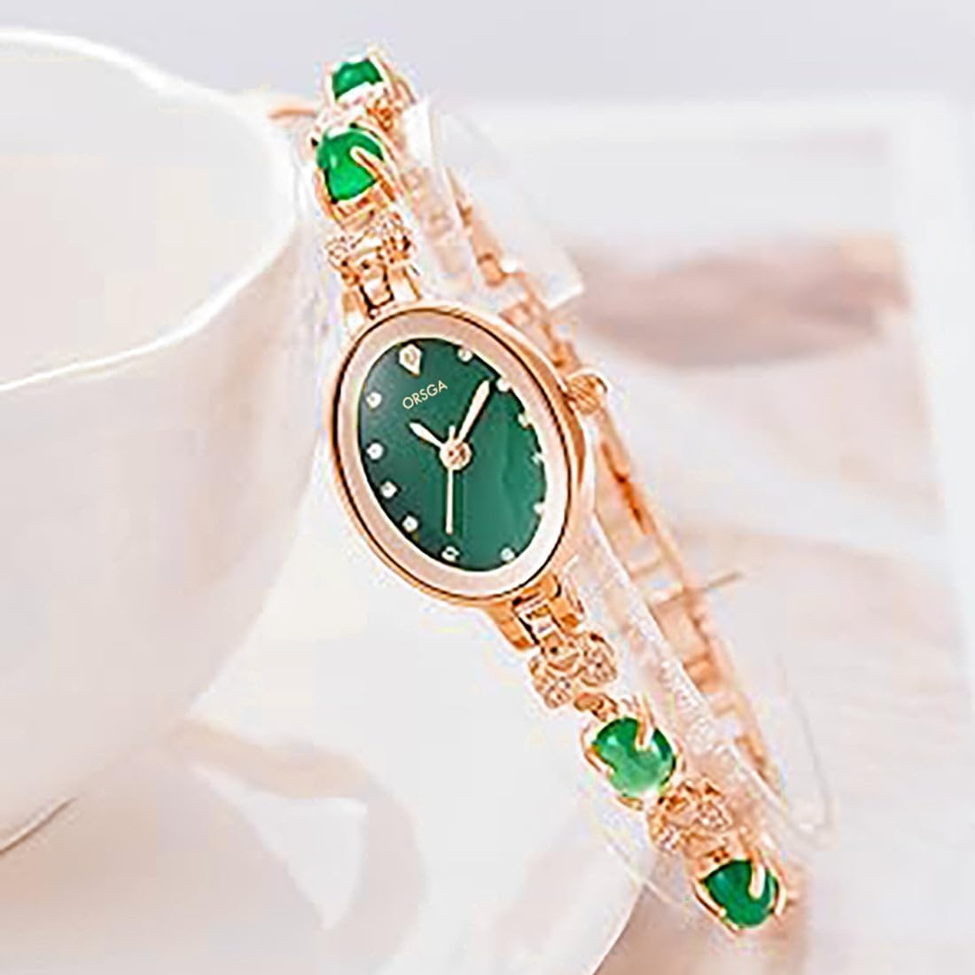 ORSGA Stainless Steel Women Watches Jadeire Watch For Women Analog Wrist Rose Gold Green Dial Bracelet Ladies Watch Women&Girls