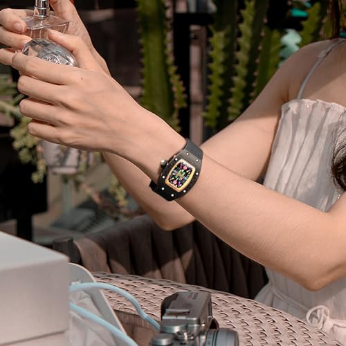FEICE Women's Automatic Wrist Watch Fashion Skeleton Mechanical Watch with Carbon Fiber Strap Waterproof Wristwatch for Ladies FM606Black