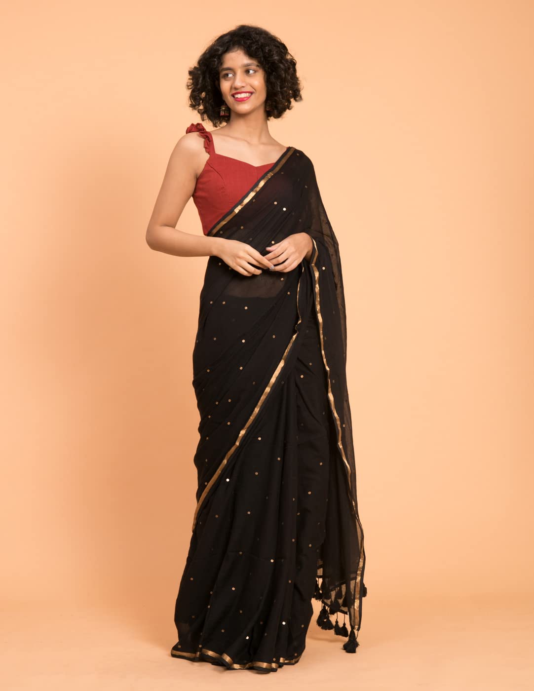 Suta Women's Plain Pure Cotton Saree Without Blouse | Black Saree| ChumkiSaree| Cotton Saree