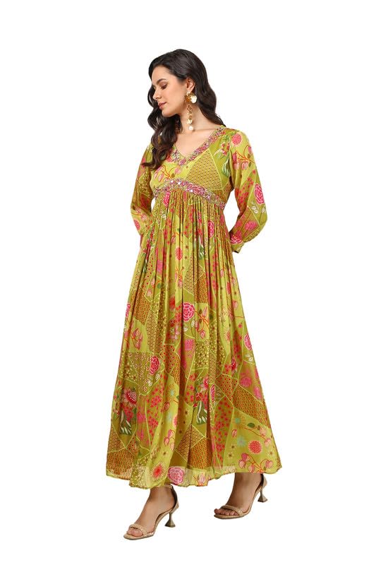 Soch Womens Green Chinon Floral Print Dress with Mirror Work