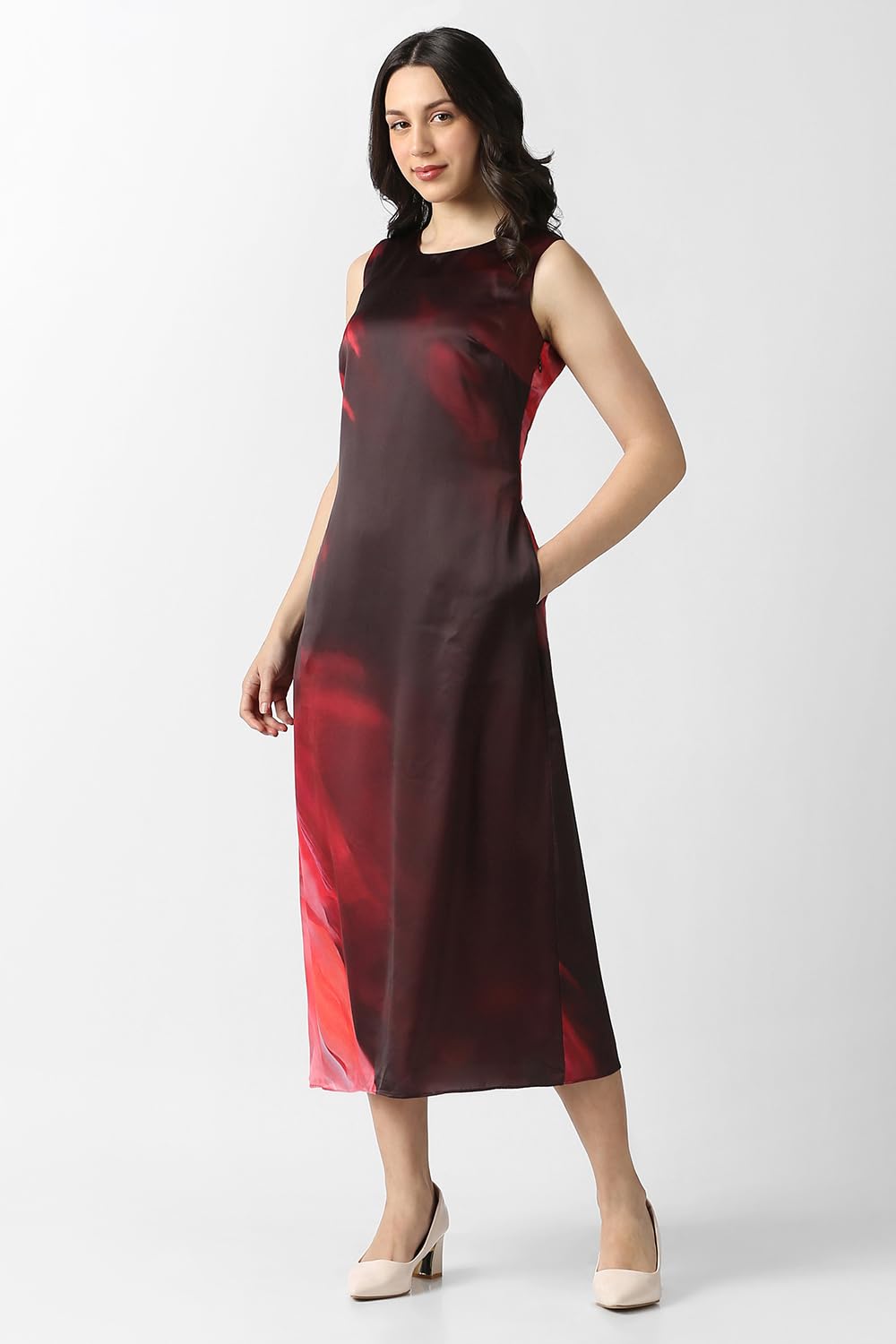 Women Maroon Print Calf-Length Party Dress