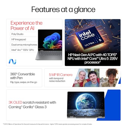 HP Omnibook X Flip OLED (Previously Envy) Intel Core Ultra 5 226V, 40 Tops (16GB LPDDR5x, 1TB SSD) 3K,120hz, 14''/35.6cm, 2-in-1, Win11, M365* Office24, Silver, 1.38kg, fm0099TU Next Gen AI Laptop