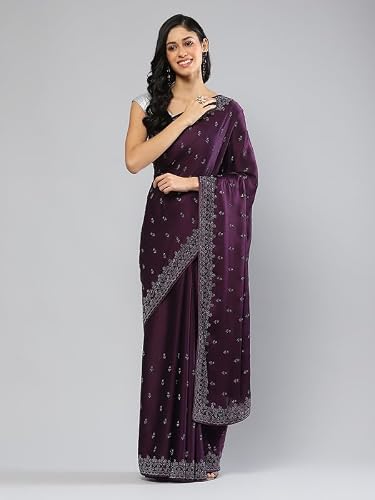 Meena Bazaar Purple Embellished Satin Saree With Blouse Piece