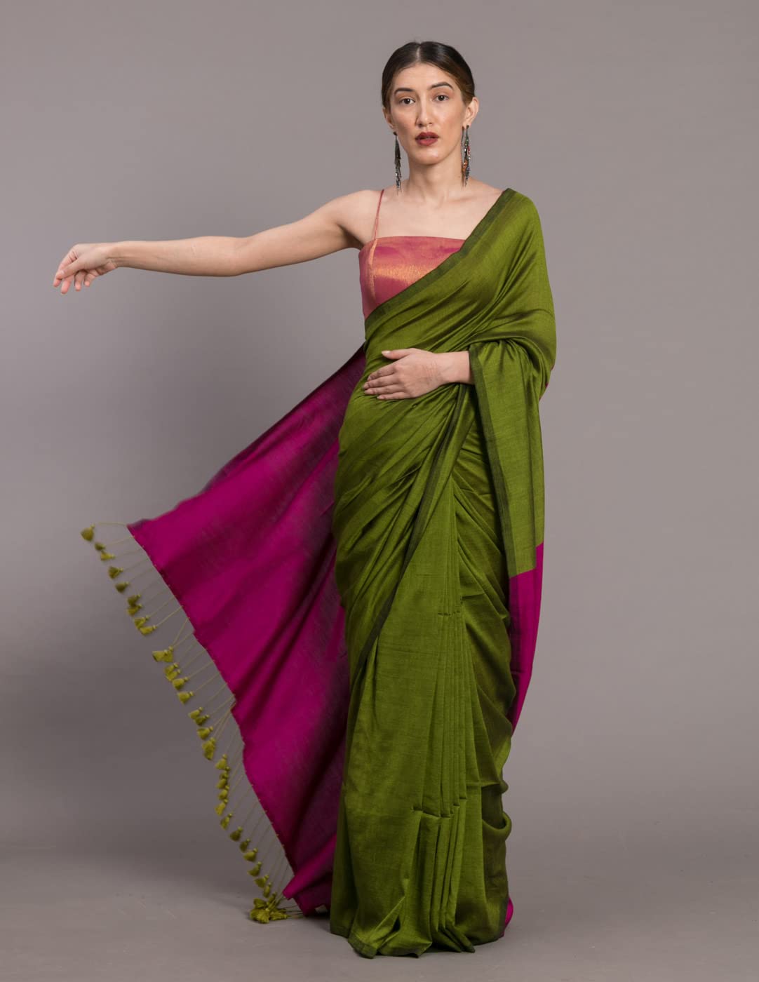 Suta Women's Plain Cotton Blend Saree with Blouse Piece | Dual Tone Saree | Green Saree | Pink Saree