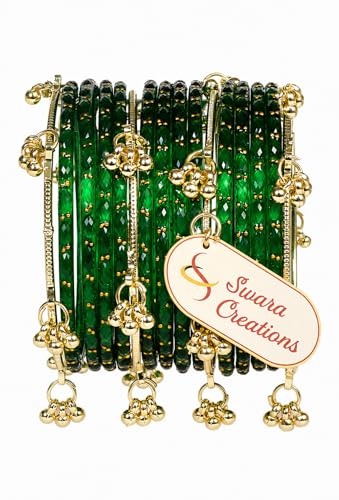 Swara Creations Kashmiri Ghungroo Raindrop Bangles Combo Set | Dark Green Color| for Women and Girls|Set of 16 Pcs (SKU415)