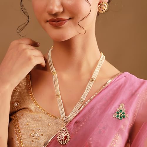 VOYLLA Gota Patti Surya Moti Haar Necklace Set For Women, Gold Jewellery Set, Gift For Women & Girls, Enamelled Jewellery, Festive, Puja, Wedding, Gifting