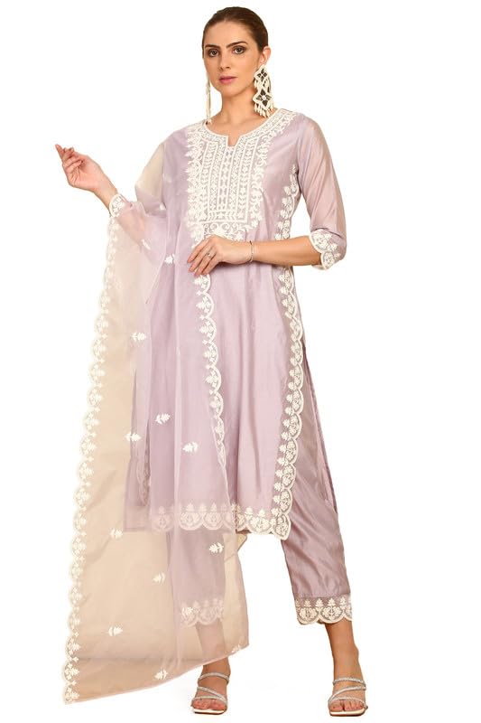 Soch Womens Purple Floral Embroidery Chanderi Suit Set