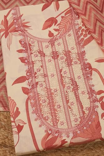 Soch Womens Peach Cotton Botanical Print Unstitch Dress Material With Sequins