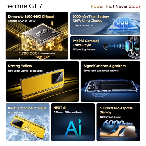 realme GT 7T (Racing Yellow,8GB+256GB) | MediaTek D8400 MAX | Strongest Battery Combo 7000mAh + 120W | AI 4K 60FPS Travel Camera | 360° Cooling IceSense Design with Graphene | 6000 nits Display