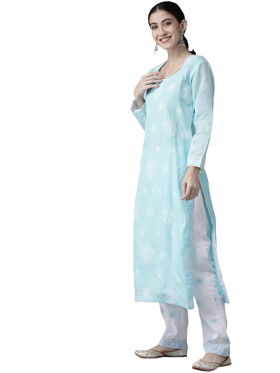 Ada Women's Cotton Dress Material Hand Embroidered Lucknowi Chikankari Unstitched Suit Piece A211208 Blue